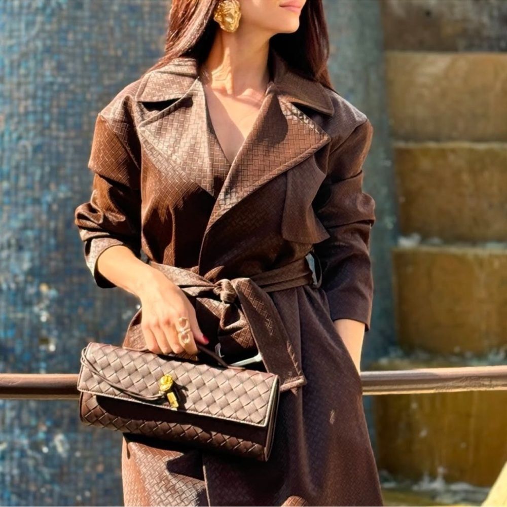 Torn by Ronny Kobo Brown Textured Trench Coat, missing belt